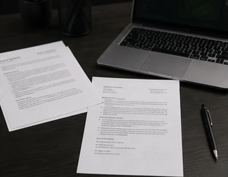 Currículo e trabalho acadêmico formatado em mesa de atendimento