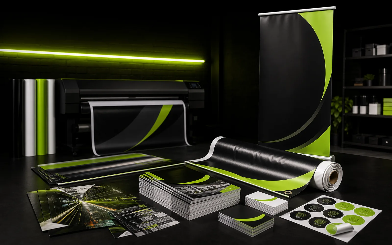 Banners, faixas, panfletos e adesivos produzidos pela Reset Store