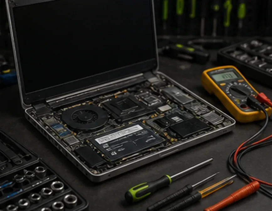 Notebook em bancada de manutenção com diagnóstico técnico
